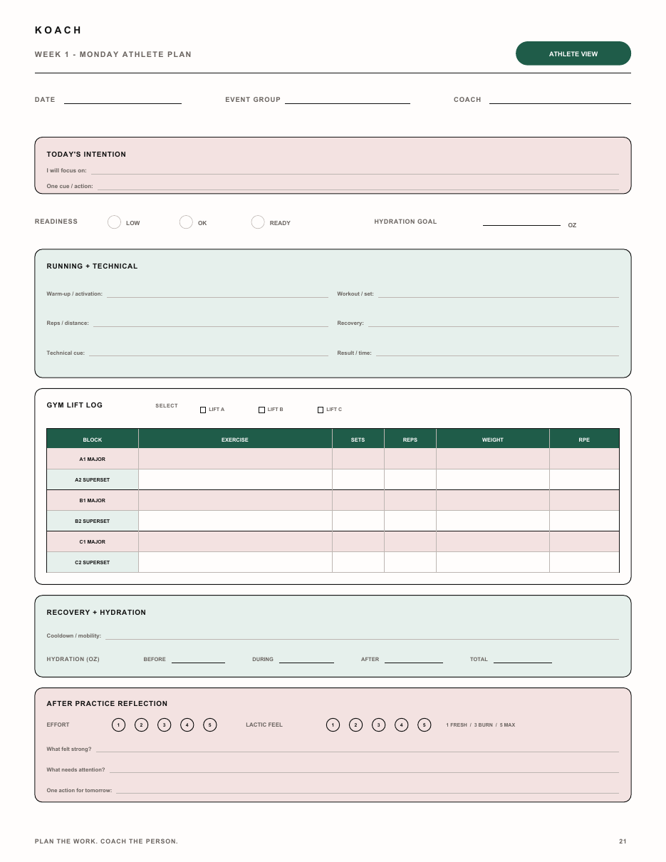 Athlete daily plan preview